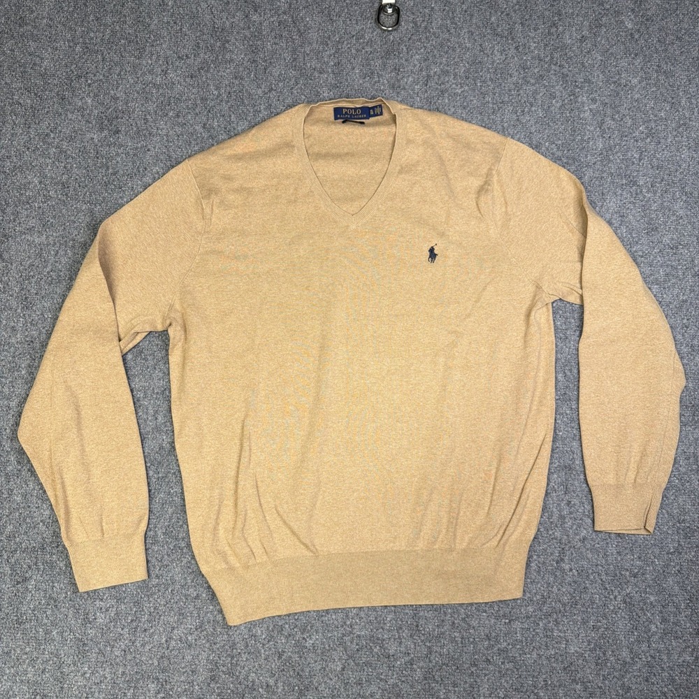 Mens Polo Ralph Lauren Pima Cotton Knit V- Neck Sweater Size XL Beige